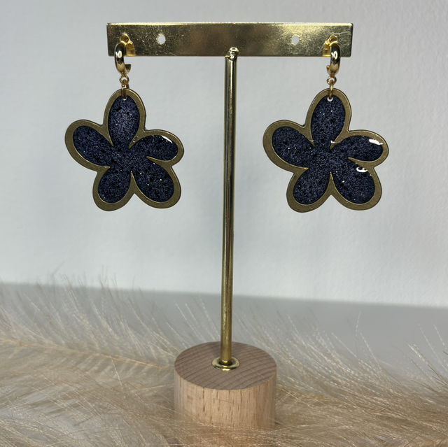 Boucles d’oreilles grande fleur noire pailletée 4cm