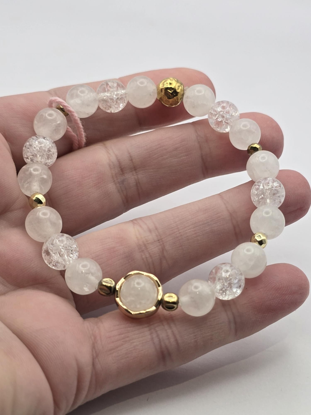 Bracelet Jade blanc et Cristal de roche 0,8 cm