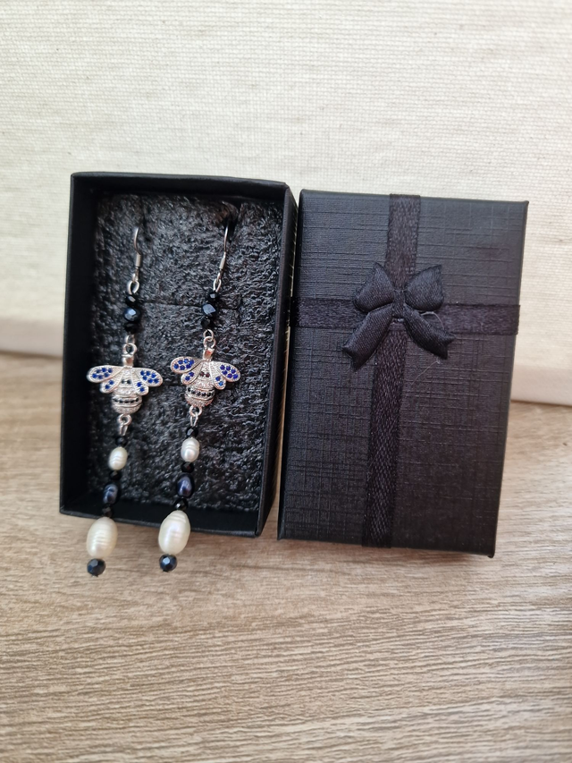 Boucle D&#039;oreilles Acier Abeilles Zirconiums Perles D&#039;eau Douce