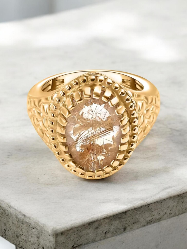 Stunning Solitaire Natural Rutilated Quartz in 18K Yellow Gold Filled Ring.