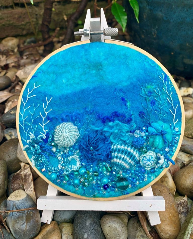 Encrusted Embroidery Felted Seascape With Beads - Turquoise