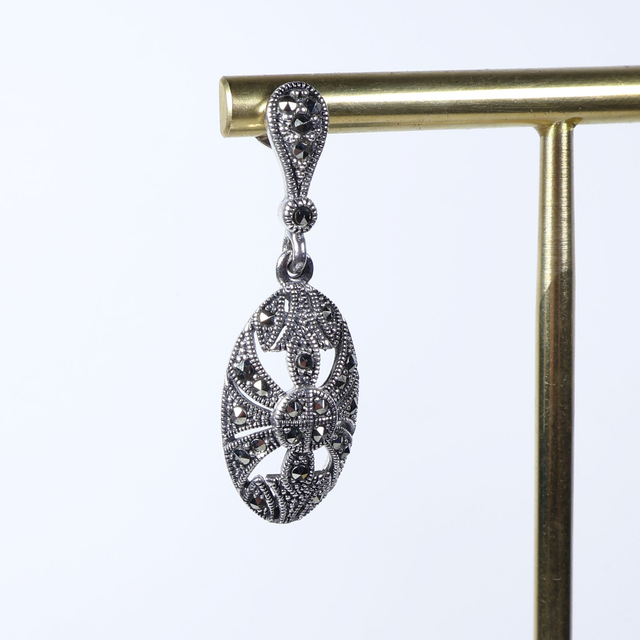 Pair of Elegant Sterling Silver 925 Art Deco Style Marcasite Gemstone Ornate Oval Shield Design Drop Dangle Earrings