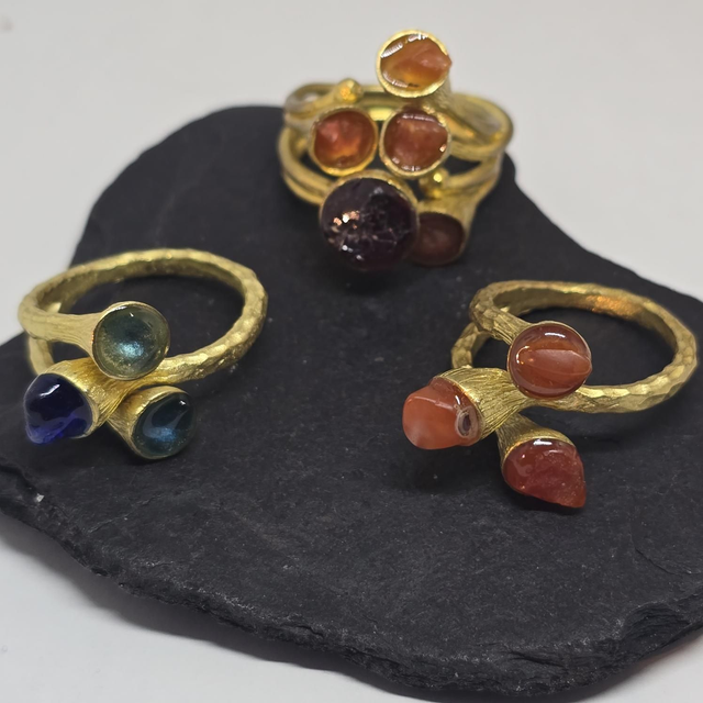 Cone Rings with Seaglass, Carnelian and Garnet