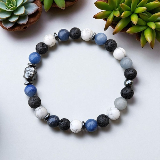 Bracelet Homme "ZEN" : Aventurine Bleue, Howlite &amp; Pierre de Lave