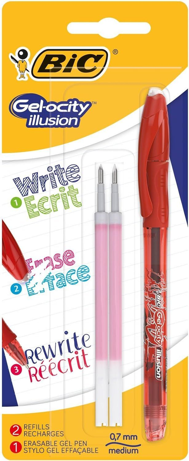 BIC Ecriture Gel-ocity Illusion Stylo Gel Effaçable Pointe Moyenne (0,7 mm) - Rouge, Blister de 1 + 2 Recharges