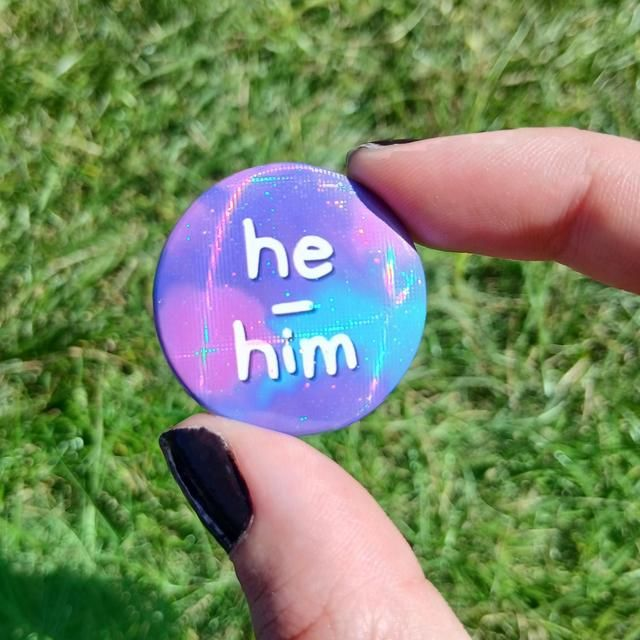 Pronoun Button Badge With Rainbow Holographic Effect