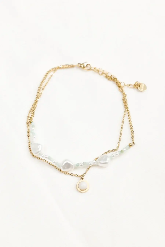 Chaîne de Cheville Double Chaîne Perles Blanches et Vertes Avec Pendentif Rond