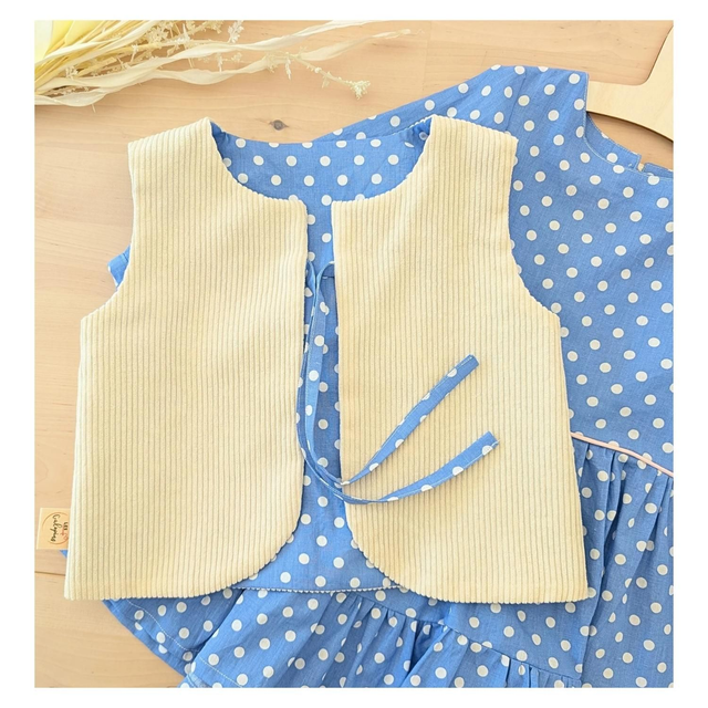 Noël – Ensemble robe + gilet – Tissu coton bleu à pois blanc