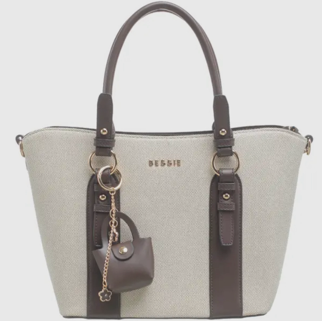 Cream &amp; Brown Two Tone Canvas Grab with Charm