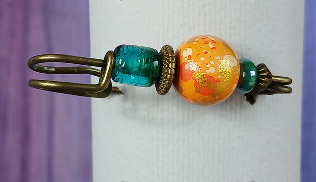 Broche bronze orange moucheté et vert sarcelle