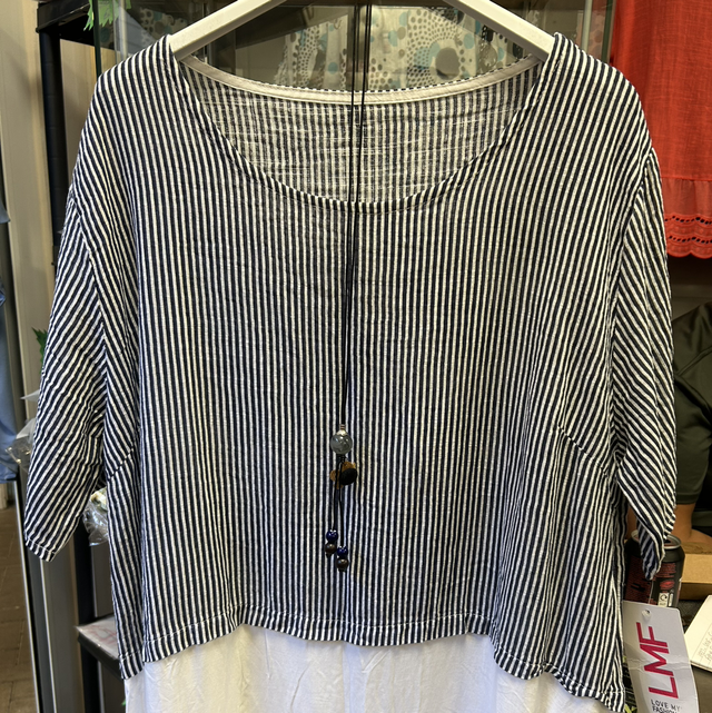 LMF - Blue and White Stripe Linen Top with White Linen Hem - Free Size - 1933