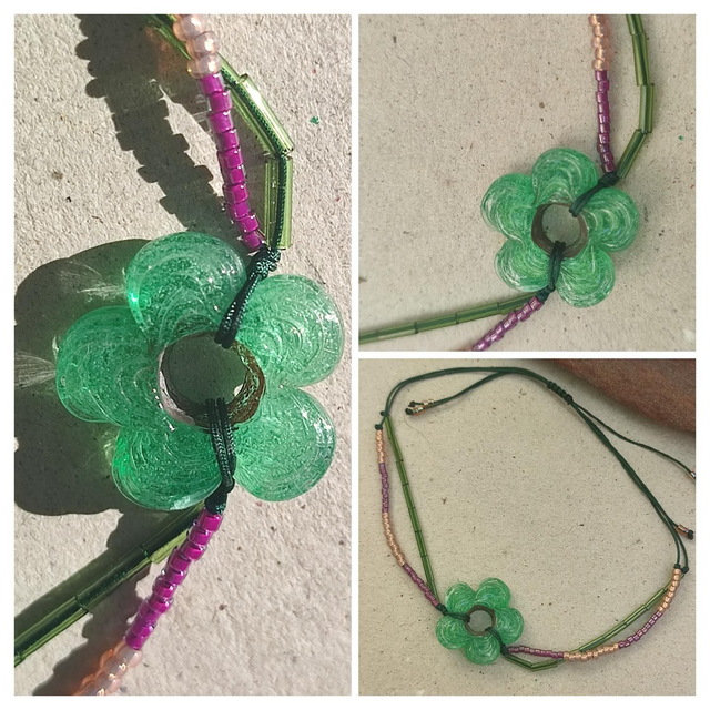 Bracelet fleur en verre de Murano et perles en verre rose,vert, résistant et réglable 