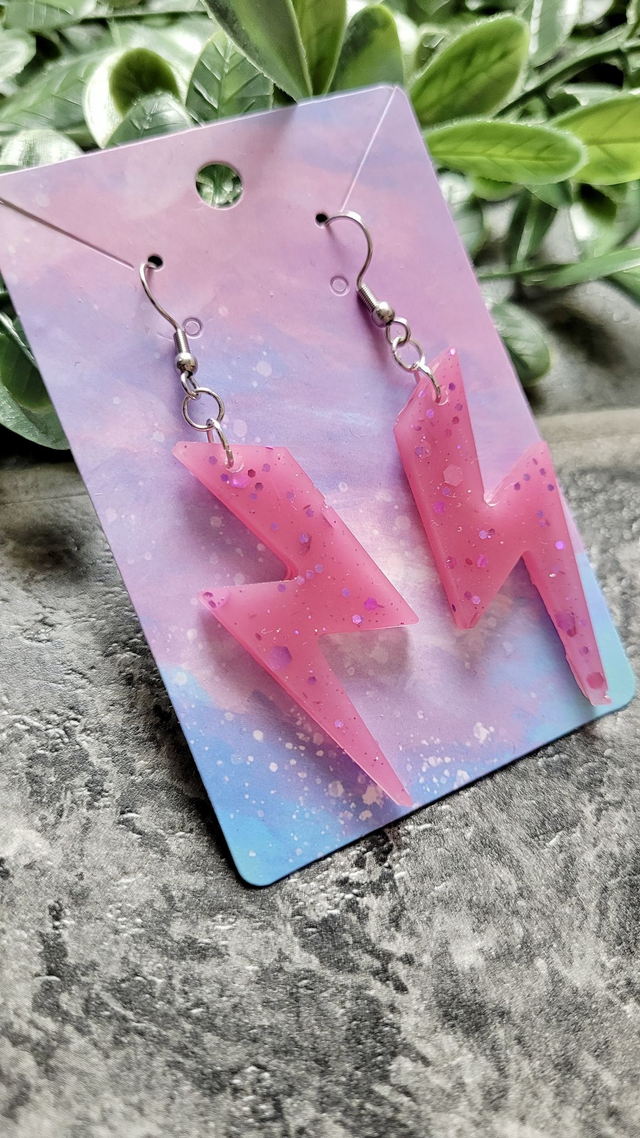 Earrings - Pink Sparkle Lightning Bolt Earrings | Stainless Steel Shepherd Hooks