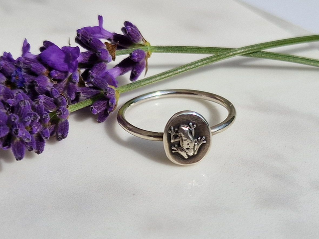 Frog Ring - 925 recycled Silver - Frog blob ring  with a smooth round recycled 925 Silver 1.4mm polished ring band. Stacking ring.