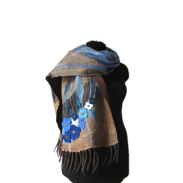 Sciarpa in feltro lana merino seta calda Sciarpa marrone blu lungo donne fatto a mano regalo per lei