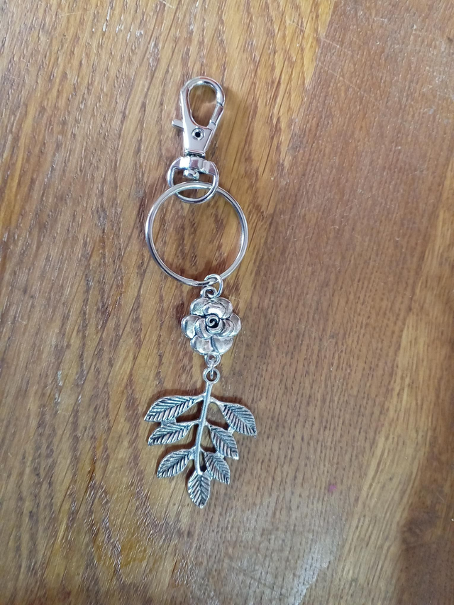 Leaf & Rose Silver Charm Keyring and Clip