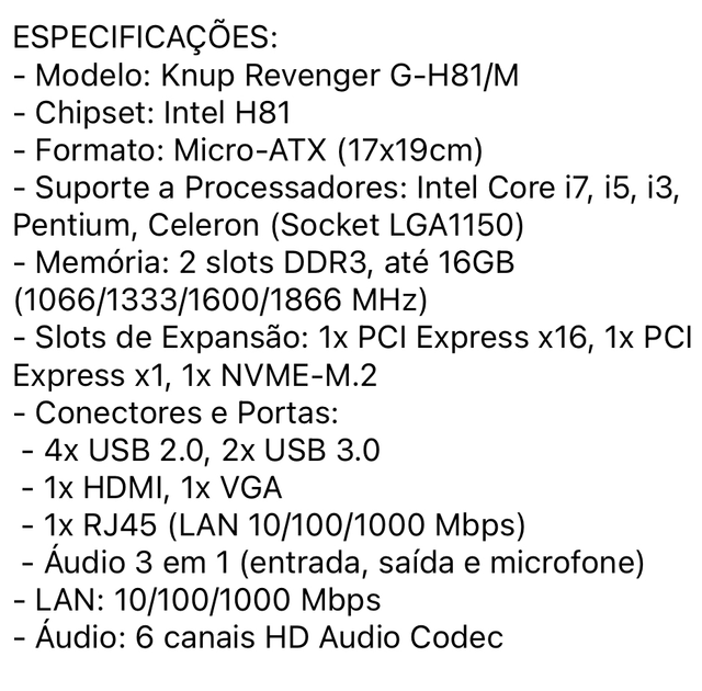Placa Mãe Knup Revenger G-H81/M Intel 4 Geração DDR3 M.2 LGA 1150 Micro-ATX