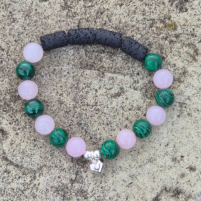Malachite, Rose Quartz &amp; Lava Bead Bracelet – Handmade Healing Jewellery with Sterling Silver Heart Charm for Emotional Balance &amp; Grounding