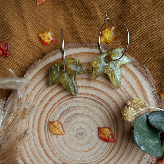 Green Ivy Leaf Hoop Earrings Stainless Steel