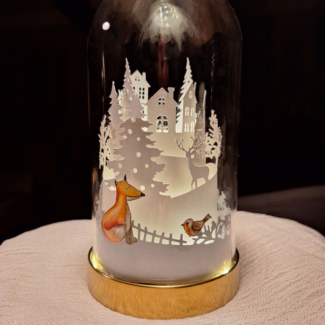 Campana di vetro "Volpe e pettirosso" con lucine Led