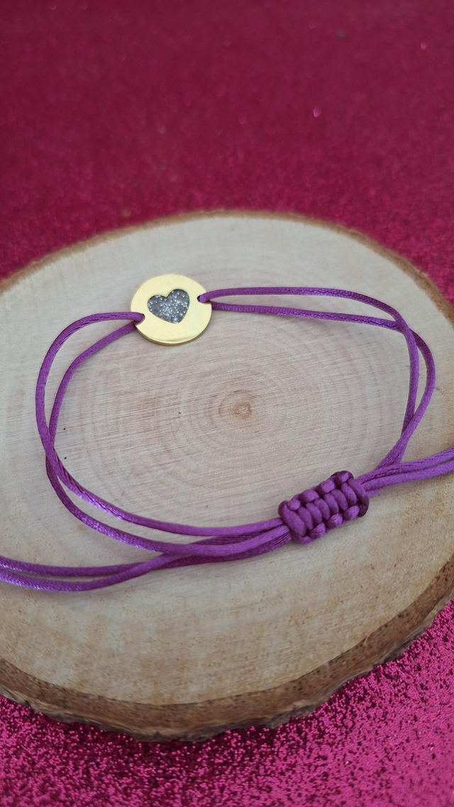 Bracelet cordon violet cœur paillettes noires blanches or 