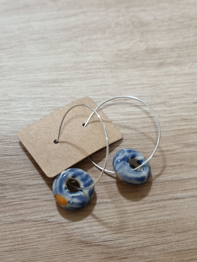 Ceramic Hoop Circle Earrings - Blue Flower