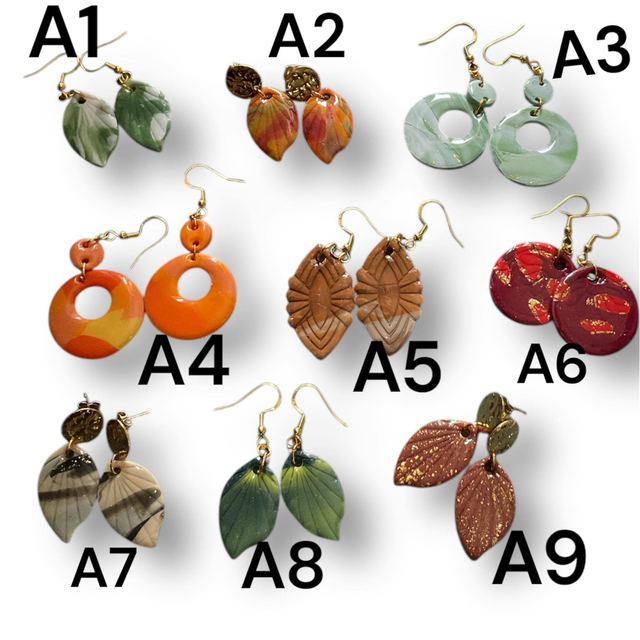 BOUCLES D'OREILLES  fantaisie : ... tige dorée , pâte polymère et résine UV