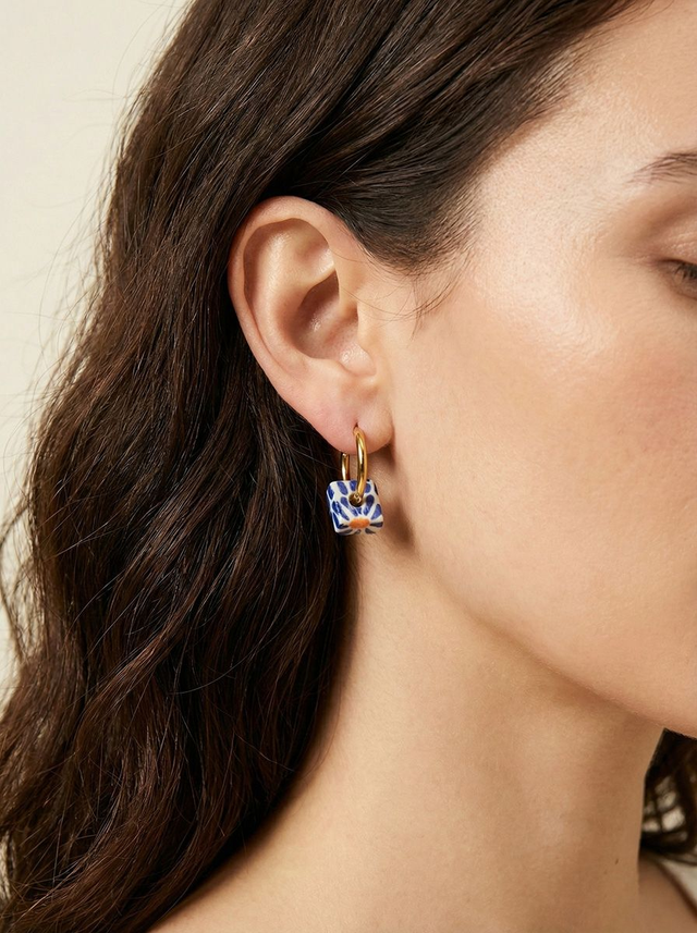Square Klein Blue Flower Thick Hoop Ceramic Earrings