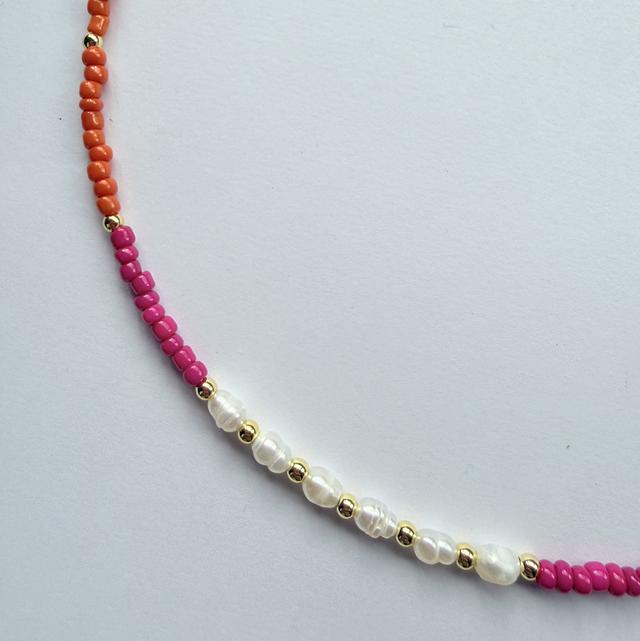 GIGI - Pink & Orange Pearl Beaded Choker Style Necklace
