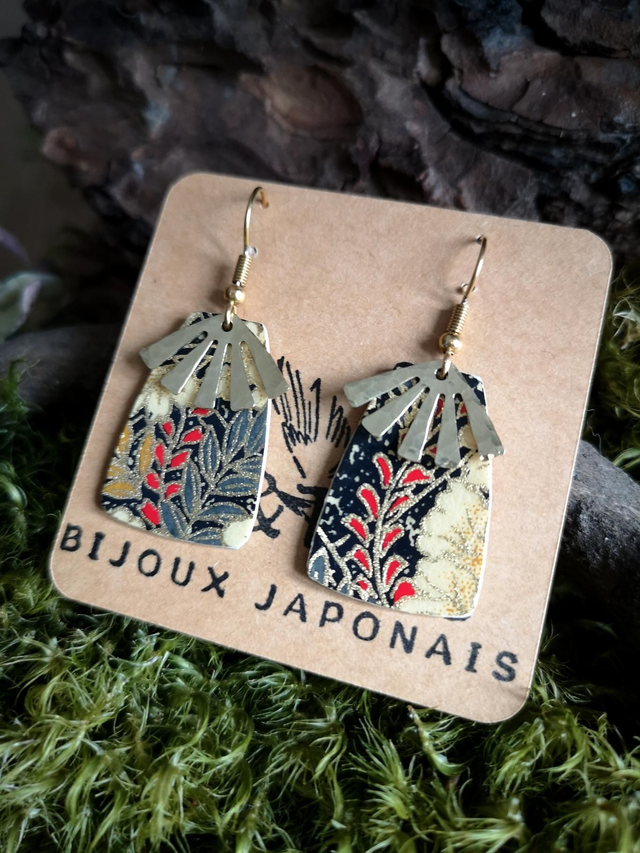 Boucles d'oreilles - crochets - papier washi - fleurs - éventail - laiton - La&Titia