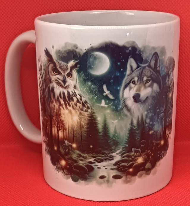 Custom Printed Owl &amp; Wolf Gothic Mug.