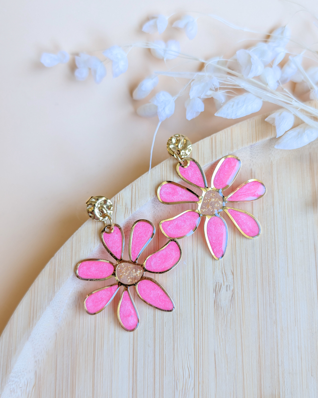 Floraya rose - Boucles d’oreilles en résine faite main 