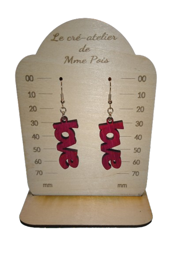 Boucles d'oreilles "Love texte " en bois et acier inoxydable