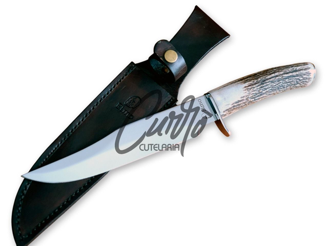 Faca Caça Elmo Bowie Cabo Chifre de Cervo Bainha em Couro