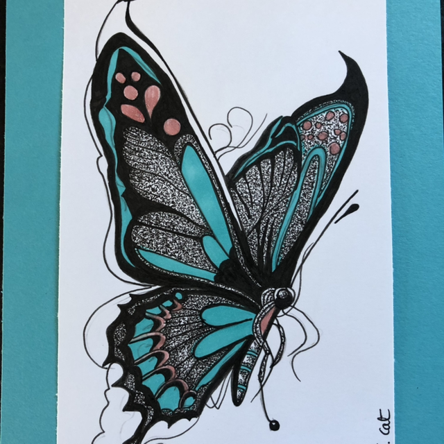 Papillon turquoise - 16 x 21 cm - encadrement noir &amp; bois 