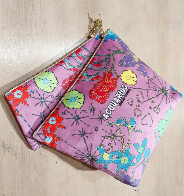 Orchidée Rose. Pochette et trousse en velours. 