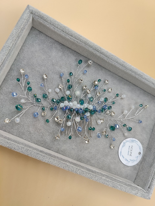 Peigne à cheveux strass brillant bleu, vert et argent, accessoire coiffure de mariée, bandeau pour cheveux, accessoire chignon