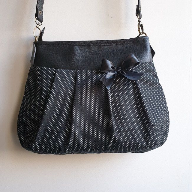 Sac à bandoulière fermeture zippée &quot;Pois noir &amp; blancs&quot; &amp; simili cuir noir