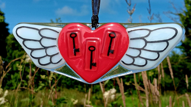 Fused glass Winged Heart, key