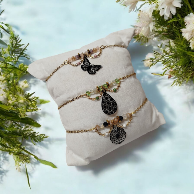 Bracelet acier inoxydable vert kaki noir et doré