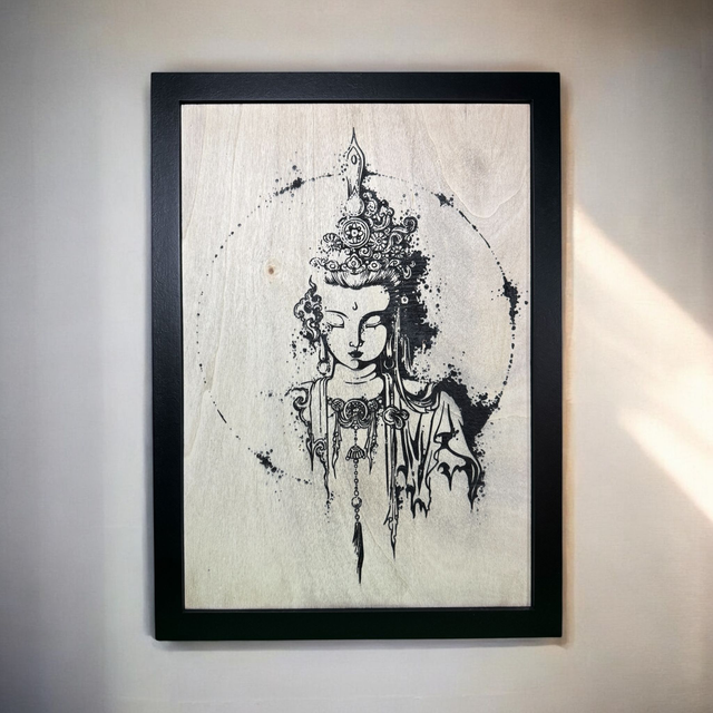 Gravure en Bois Bouddha Zen et Féminin - Décoration Spirituelle Originale, Ambiance Méditative et Élégante, Art Unique