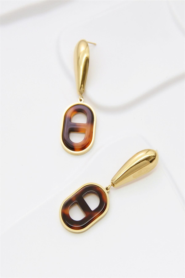 Boucles d’Oreilles Pendantes Goutte Dorée &amp; Résine Écaille