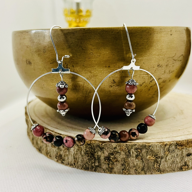 Boucles d’oreilles rhodonite inox
