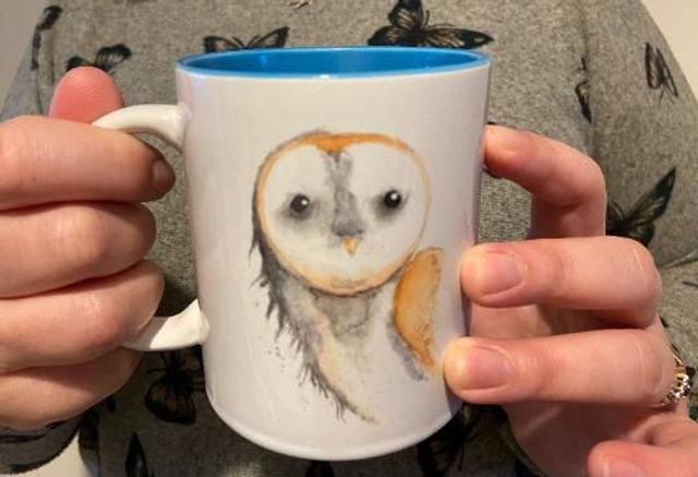 Barn Owl Watercolour Mug with Blue Interior