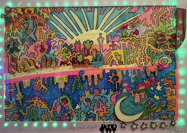 DAY AND NIGHT, Rahmen 72x52 cm, Passepartout 59x39 cm, Edding, Acryl- und Aquarellfarben auf Zeichenkarton, 3D-Technik, Lichterkette