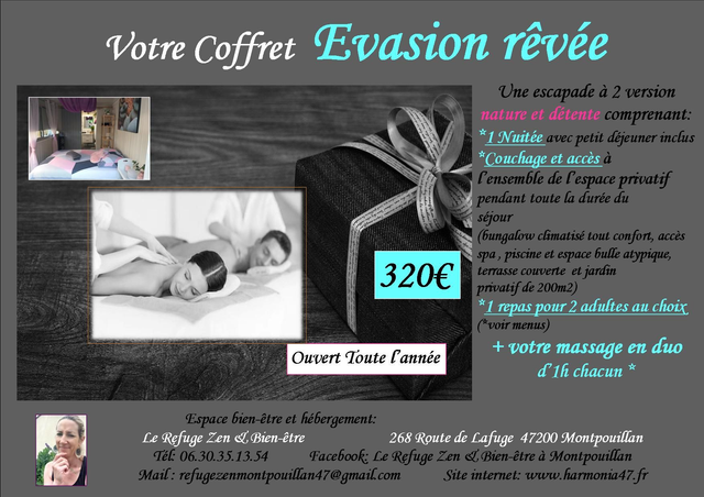 COFFRET EVASION REVEE 1 NUIT AVEC MASSAGES DUO ET REPAS