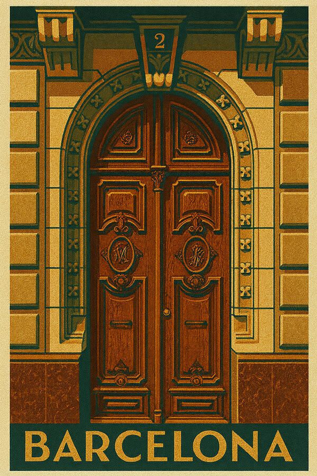 Póster vintage de viaje de la puerta de Barcelona