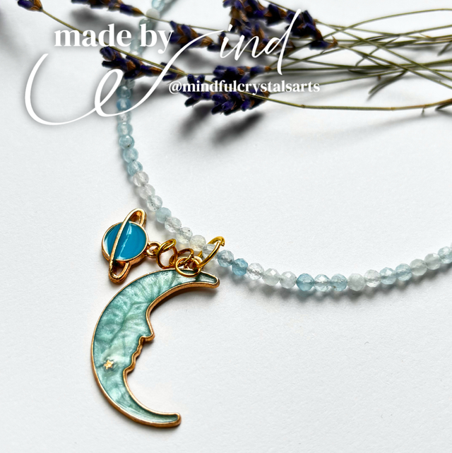Made by Wind Series: Aquamarine with Moon &amp; Saturn - Handmade Necklace