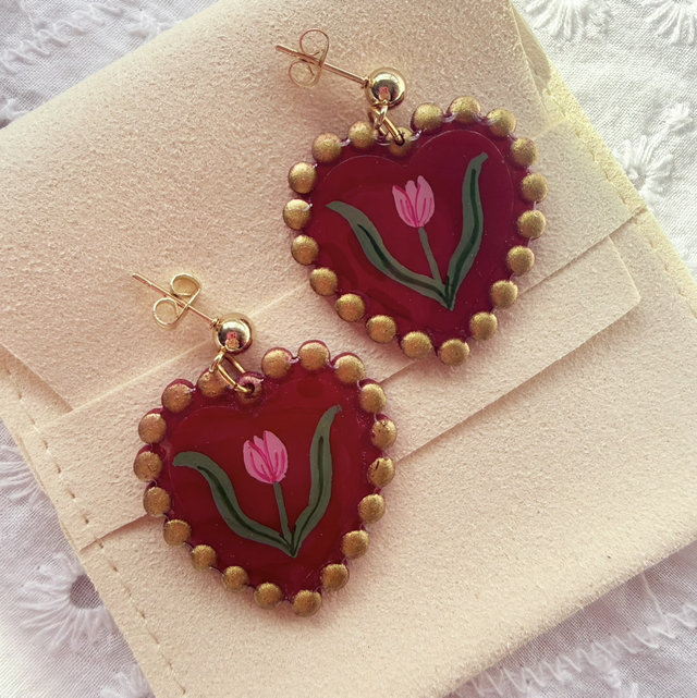 Red Heart Romantic Pink Tulip Earrings