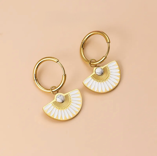 Stainless Steel Fan Huggie Earrings White